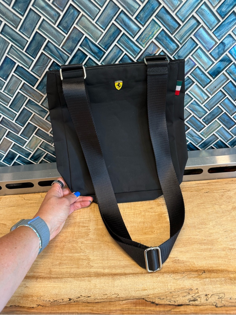 Ferrari Black Nylon Crossbody Tote with Shield Emblem